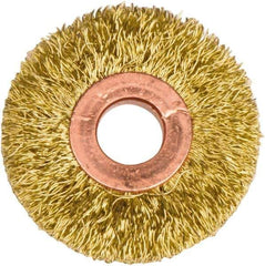 Weiler - 2" OD, 1/2" Arbor Hole, Crimped Brass Wheel Brush - 3/8" Face Width, 1/2" Trim Length, 0.0118" Filament Diam, 20,000 RPM - Exact Tool & Supply