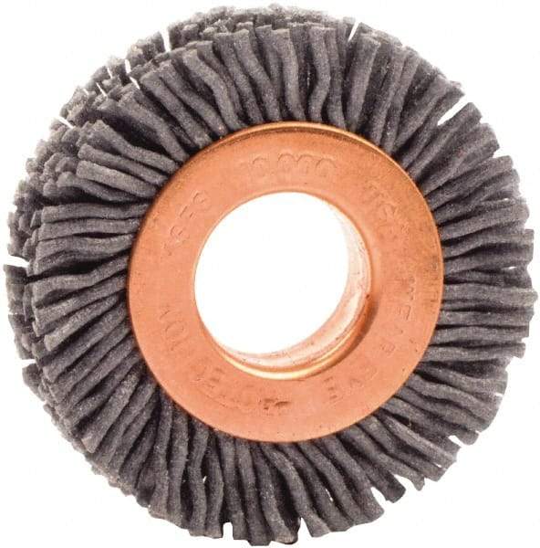 Weiler - 1-1/2" OD, 1/2" Arbor Hole, Nylon Wheel Brush - 3/8" Face Width, 1/4" Trim Length, 0.035" Filament Diam, 10,000 RPM - Exact Tool & Supply