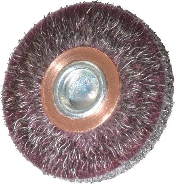 Weiler - 2" OD, 1/4" Shank Diam, Crimped Steel Wheel Brush - 1/4" Face Width, 1/2" Trim Length, 0.0118" Filament Diam, 20,000 RPM - Exact Tool & Supply