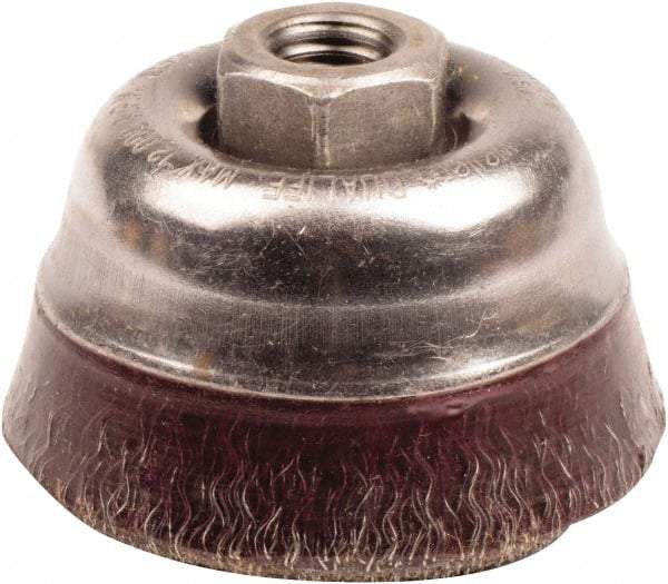 Weiler - 3-1/2" Diam, 5/8-11 Threaded Arbor, Steel Fill Cup Brush - 0.014 Wire Diam, 7/8" Trim Length, 12,000 Max RPM - Exact Tool & Supply