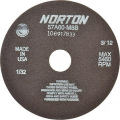 Norton - 7" 60 Grit Aluminum Oxide Cutoff Wheel - 1/32" Thick, 1-1/4" Arbor, 5,460 Max RPM, Use with Stationary Grinders - Exact Tool & Supply