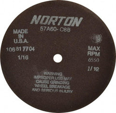 Norton - 7" 60 Grit Aluminum Oxide Cutoff Wheel - 1/16" Thick, 1/2" Arbor, 6,550 Max RPM, Use with Stationary Grinders - Exact Tool & Supply