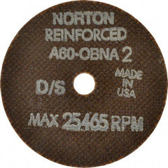 Norton - 3" 60 Grit Aluminum Oxide Cutoff Wheel - 0.06" Thick, 3/8" Arbor, 25,465 Max RPM, Use with Die Grinders - Exact Tool & Supply