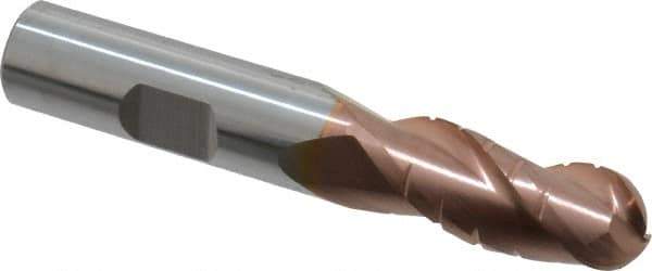 ProMax - 1/2" Diam, 1-1/4" LOC, 3 Flute Solid Carbide Roughing & Finishing Ball End Mill - TiCN Finish, 3" OAL, 1/2" Shank Diam, Weldon Shank, 35° Helix, Centercutting - Exact Tool & Supply