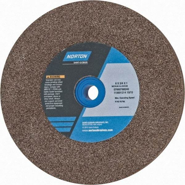 Norton - 60/80 Grit Aluminum Oxide Bench & Pedestal Grinding Wheel - 6" Diam x 1" Hole x 3/4" Thick, 4140 Max RPM, Medium Grade - Exact Tool & Supply