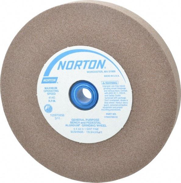 Norton - 100 Grit Aluminum Oxide Bench & Pedestal Grinding Wheel - 6" Diam x 1" Hole x 3/4" Thick, 4140 Max RPM, Fine Grade - Exact Tool & Supply