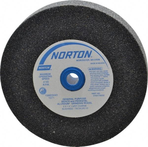 Norton - 36 Grit Aluminum Oxide Bench & Pedestal Grinding Wheel - 6" Diam x 1" Hole x 1" Thick, 4140 Max RPM, Very Coarse/Coarse Grade - Exact Tool & Supply