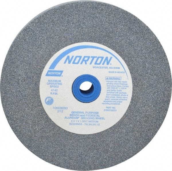 Norton - 60 Grit Aluminum Oxide Bench & Pedestal Grinding Wheel - 6" Diam x 1" Hole x 1" Thick, 4140 Max RPM, Medium Grade - Exact Tool & Supply