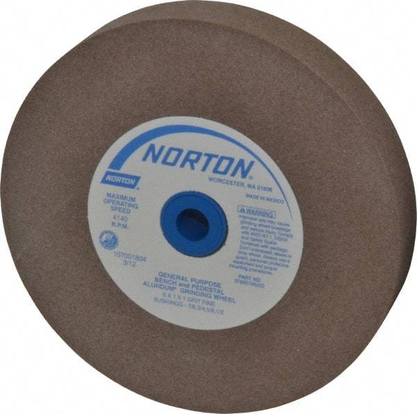 Norton - 100 Grit Aluminum Oxide Bench & Pedestal Grinding Wheel - 6" Diam x 1" Hole x 1" Thick, 4140 Max RPM, Fine Grade - Exact Tool & Supply