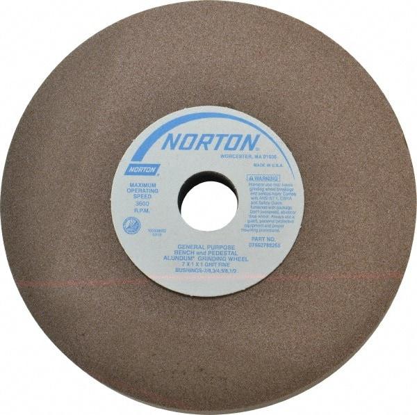 Norton - 100 Grit Aluminum Oxide Bench & Pedestal Grinding Wheel - 7" Diam x 1" Hole x 1" Thick, 3600 Max RPM, Fine Grade - Exact Tool & Supply