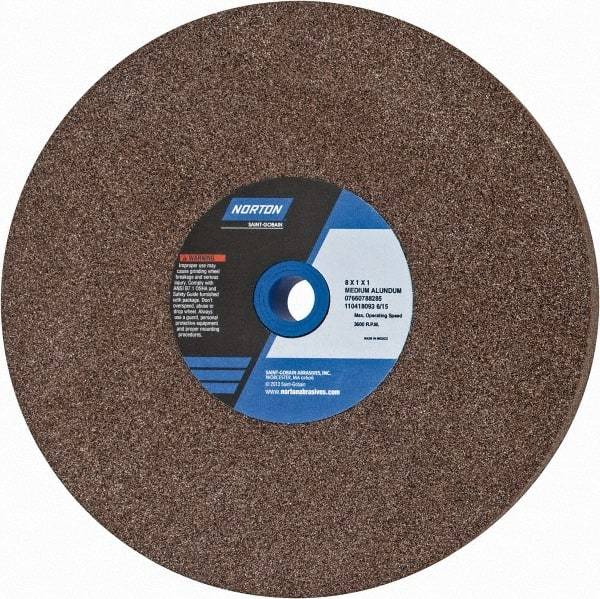 Norton - 60/80 Grit Aluminum Oxide Bench & Pedestal Grinding Wheel - 8" Diam x 1" Hole x 1" Thick, 3600 Max RPM, Medium Grade - Exact Tool & Supply