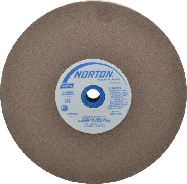Norton - 100 Grit Aluminum Oxide Bench & Pedestal Grinding Wheel - 8" Diam x 1" Hole x 1" Thick, 3600 Max RPM, Fine Grade - Exact Tool & Supply