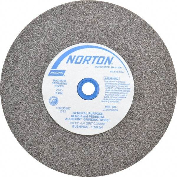 Norton - 36 Grit Aluminum Oxide Bench & Pedestal Grinding Wheel - 10" Diam x 1-1/4" Hole x 1" Thick, 2485 Max RPM, Very Coarse/Coarse Grade - Exact Tool & Supply