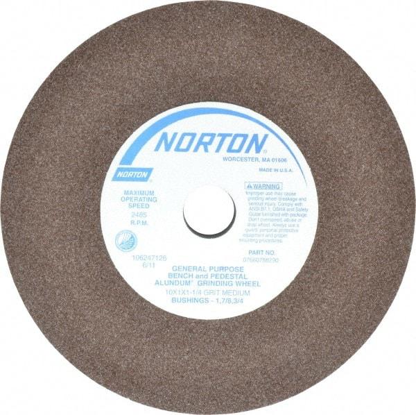 Norton - 60/80 Grit Aluminum Oxide Bench & Pedestal Grinding Wheel - 10" Diam x 1-1/4" Hole x 1" Thick, 2485 Max RPM, Medium Grade - Exact Tool & Supply