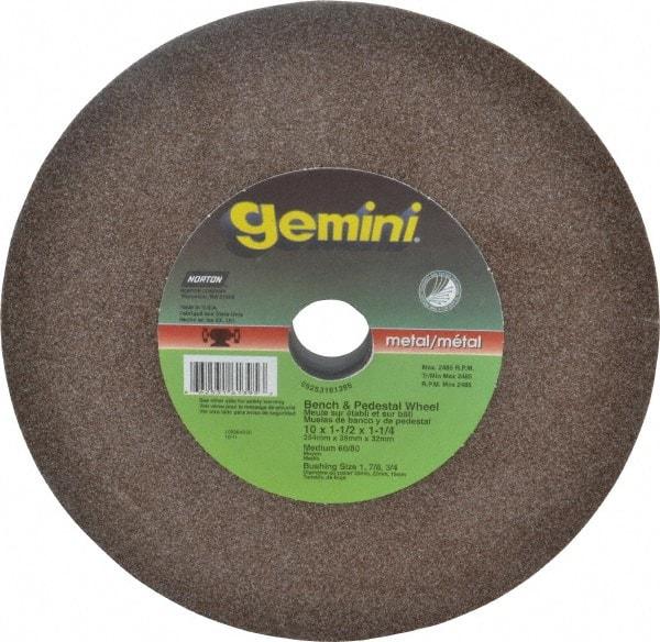 Norton - 60 Grit Aluminum Oxide Bench & Pedestal Grinding Wheel - 10" Diam x 1-1/4" Hole x 1-1/2" Thick, 2485 Max RPM, Medium Grade - Exact Tool & Supply