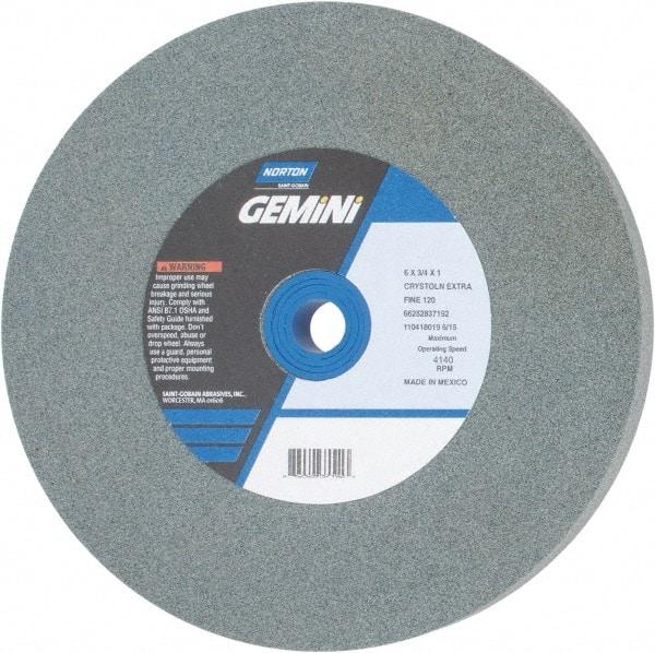Norton - 120 Grit Silicon Carbide Bench & Pedestal Grinding Wheel - 6" Diam x 1" Hole x 3/4" Thick, 4140 Max RPM, Fine Grade - Exact Tool & Supply