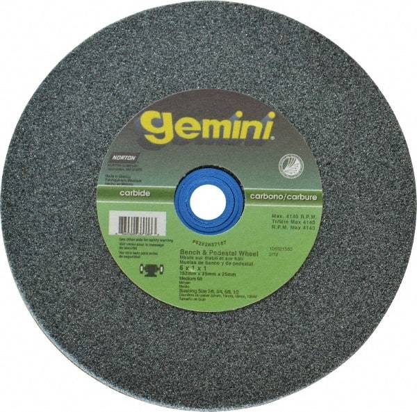 Norton - 60 Grit Silicon Carbide Bench & Pedestal Grinding Wheel - 6" Diam x 1" Hole x 1" Thick, 4140 Max RPM, Medium Grade - Exact Tool & Supply