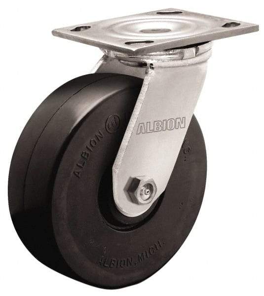 Albion - 4" Diam x 2" Wide x 5-5/8" OAH Top Plate Mount Swivel Caster - Rubber, 350 Lb Capacity, Roller Bearing, 4 x 4-1/2" Plate - Exact Tool & Supply