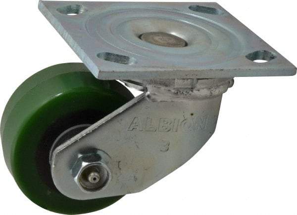 Albion - 3-1/4" Diam x 1-5/8" Wide x 4-1/4" OAH Top Plate Mount Swivel Caster - Polyurethane, 420 Lb Capacity, Roller Bearing, 4 x 4-1/2" Plate - Exact Tool & Supply