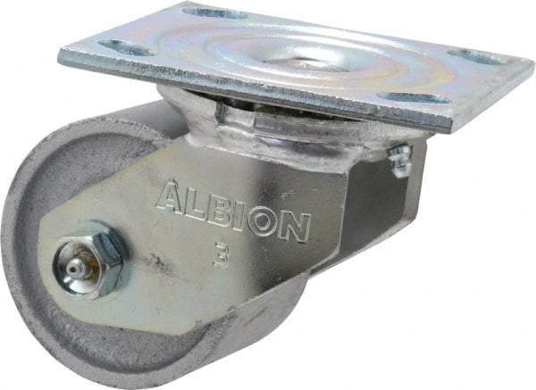 Albion - 3-1/4" Diam x 2-3/16" Wide x 4-1/4" OAH Top Plate Mount Swivel Caster - Cast Iron, 700 Lb Capacity, Roller Bearing, 4 x 4-1/2" Plate - Exact Tool & Supply