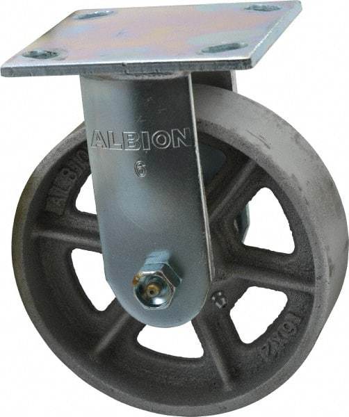 Albion - 6" Diam x 2" Wide x 7-1/4" OAH Top Plate Mount Rigid Caster - Cast Iron, 900 Lb Capacity, Roller Bearing, 4 x 4-1/2" Plate - Exact Tool & Supply