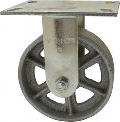 Albion - 6" Diam x 2" Wide x 7-1/2" OAH Top Plate Mount Rigid Caster - Cast Iron, 1,400 Lb Capacity, Roller Bearing, 4-1/2 x 6-1/4" Plate - Exact Tool & Supply
