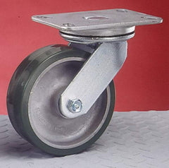 Albion - 4" Diam x 2" Wide x 5-5/8" OAH Top Plate Mount Swivel Caster - Rubber, 350 Lb Capacity, Roller Bearing, 4-1/2 x 6-1/4" Plate - Exact Tool & Supply