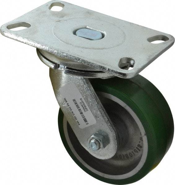Albion - 5" Diam x 2" Wide x 6-1/2" OAH Top Plate Mount Swivel Caster - Polyurethane, 1,050 Lb Capacity, Roller Bearing, 4-1/2 x 6-1/4" Plate - Exact Tool & Supply