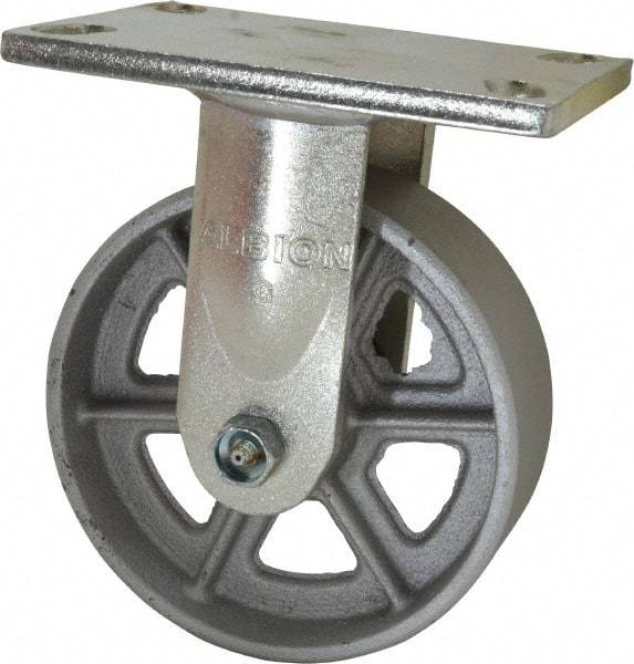Albion - 6" Diam x 2" Wide x 7-1/2" OAH Top Plate Mount Rigid Caster - Cast Iron, 1,200 Lb Capacity, Roller Bearing, 5 x 6-1/4" Plate - Exact Tool & Supply