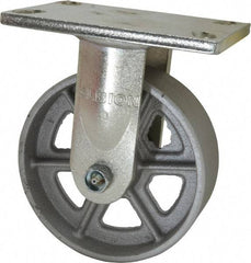Albion - 6" Diam x 2" Wide x 7-1/2" OAH Top Plate Mount Rigid Caster - Cast Iron, 1,200 Lb Capacity, Roller Bearing, 5 x 6-1/4" Plate - Exact Tool & Supply