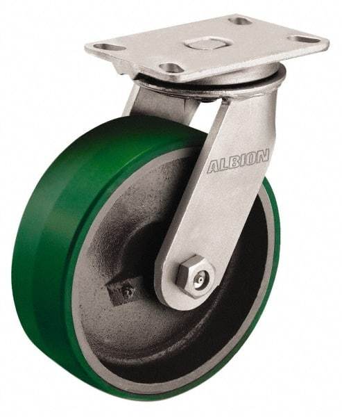 Albion - 12" Diam x 2-1/2" Wide x 13-1/2" OAH Top Plate Mount Swivel Caster - Polyurethane, 2,000 Lb Capacity, Roller Bearing, 4-1/2 x 6-1/4" Plate - Exact Tool & Supply