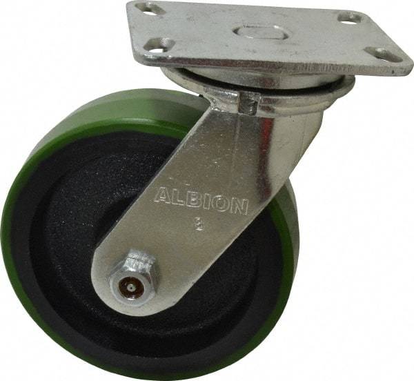 Albion - 8" Diam x 2-1/2" Wide x 10-1/8" OAH Top Plate Mount Swivel Caster - Polyurethane, 2,000 Lb Capacity, Roller Bearing, 4-1/2 x 6-1/4" Plate - Exact Tool & Supply