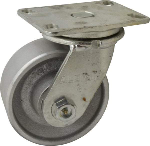 Albion - 6" Diam x 2-1/2" Wide x 7-5/8" OAH Top Plate Mount Swivel Caster - Cast Iron, 2,000 Lb Capacity, Roller Bearing, 4-1/2 x 6-1/4" Plate - Exact Tool & Supply