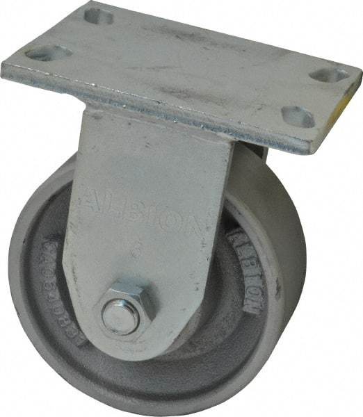 Albion - 6" Diam x 2-1/2" Wide x 7-5/8" OAH Top Plate Mount Rigid Caster - Cast Iron, 2,000 Lb Capacity, Roller Bearing, 5 x 6-1/4" Plate - Exact Tool & Supply