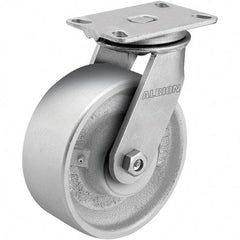 Albion - 8" Diam x 3" Wide x 10-1/8" OAH Top Plate Mount Rigid Caster - Cast Iron, 2,000 Lb Capacity, Roller Bearing, 5 x 6-1/4" Plate - Exact Tool & Supply