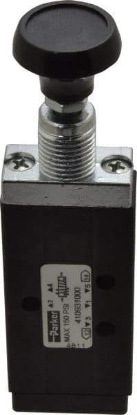 Parker - 0.20 CV Rate, 1/8" NPT Inlet Direct Air 2 Mechanical Spool Valve - 4 Way, 2 Position, 150 Max psi, Button Push Pull - Exact Tool & Supply
