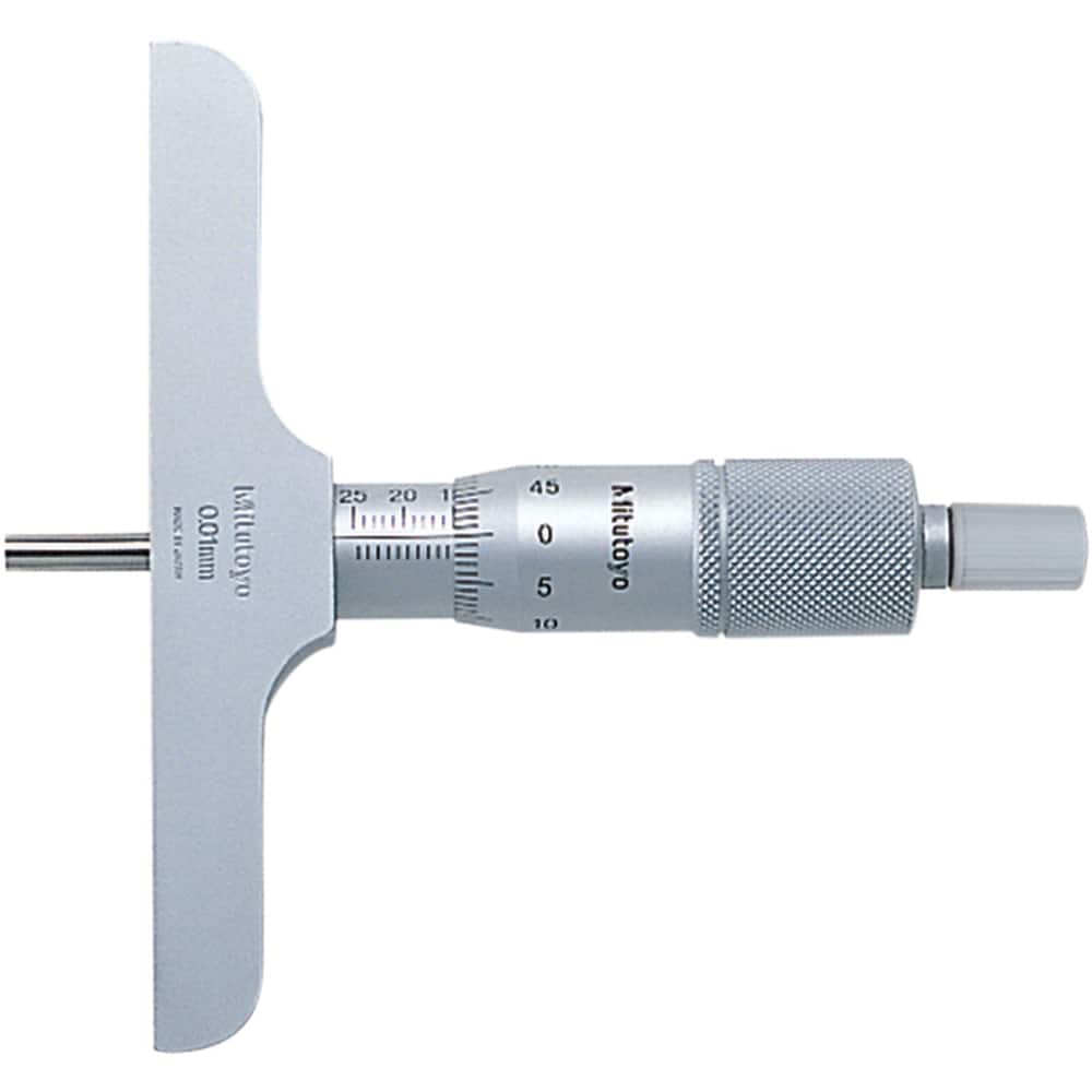 Mitutoyo - Mechanical Depth Micrometers; Minimum Measurement (mm): 0 ; Maximum Measurement (mm): 25 ; Base Length (Decimal Inch): 63.5000 ; Features: 4mm diameter measuring rod, ratchet stop for constant force ; Rod Type: Extension Rod ; Number of Rods: 1 - Exact Tool & Supply