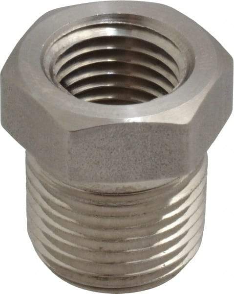 Made in USA - 3/8 x 1/4" Grade 316 Stainless Steel Pipe Hex Bushing - MNPTF x FNPTF End Connections - Exact Tool & Supply