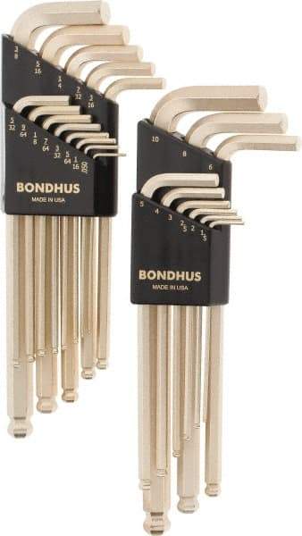 Bondhus - 22 Piece L-Key Ball End Hex Key Set - Hex Range 0.05 to 3/8", Steel - Exact Tool & Supply