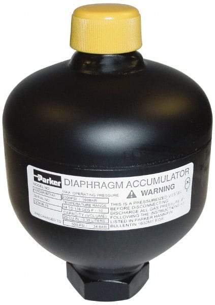 Parker - 120 Lb. Capacity, 3,620 psi Max Working Pressure, 9.88" High, Hydrin Diaphragm Accumulator - 6.14" Diam, 8 SAE Port Thread - Exact Tool & Supply