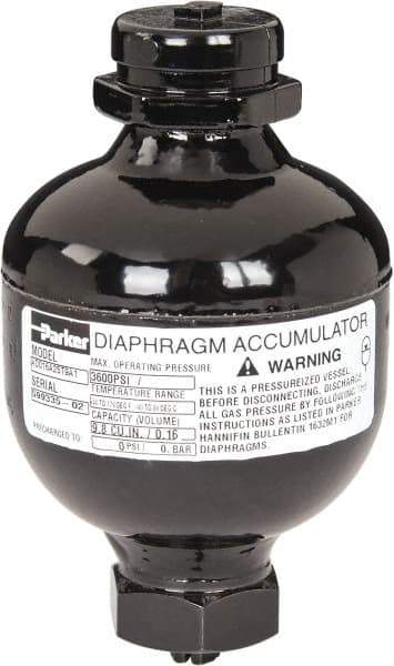Parker - 10 Lb. Capacity, 3,620 psi Max Working Pressure, 4.69" High, Hydrin Diaphragm Accumulator - 2.95" Diam, 6 SAE Port Thread - Exact Tool & Supply