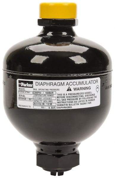 Parker - 30 Lb. Capacity, 3,045 psi Max Working Pressure, 5.94" High, Hydrin Diaphragm Accumulator - 4.2" Diam, 8 SAE Port Thread - Exact Tool & Supply