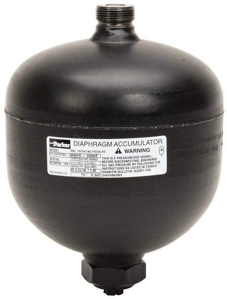 Parker - 85 Lb. Capacity, 3,620 psi Max Working Pressure, 7.95" High, Hydrin Diaphragm Accumulator - 5.98" Diam, 8 SAE Port Thread - Exact Tool & Supply