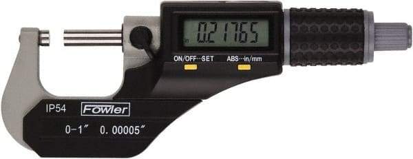 Fowler - 0 to 1 Inch Range, 0.0001 Inch Resolution, Standard Throat, IP54 Electronic Outside Micrometer - 0.0002 Inch Accuracy, Friction Thimble, 357 Battery, Data Output, Includes Case and Wrench - Exact Tool & Supply