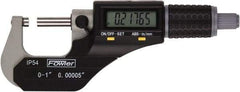 Fowler - 0 to 1 Inch Range, 0.0001 Inch Resolution, Standard Throat, IP54 Electronic Outside Micrometer - 0.0002 Inch Accuracy, Friction Thimble, 357 Battery, Data Output, Includes Case and Wrench - Exact Tool & Supply