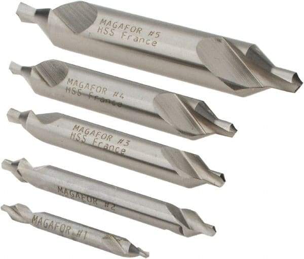 Magafor - 5 Piece, #1 to 5, 1/8 to 7/16" Body Diam, 3/64 to 3/16" Point Diam, Plain Edge, High Speed Steel Combo Drill & Countersink Set - 60° Incl Angle, 0.067 to 0.256" Point Length, 1/8 to 2-3/4" OAL, Double End, 115 Series Compatibility - Exact Tool & Supply