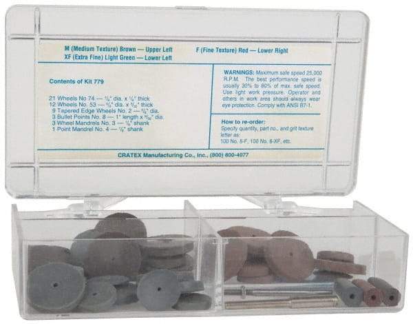 Cratex - 49 Piece Rubberized Small Wheel & Abrasive Point Set - Includes 4 Mandrels, 3 Points & 42 Wheels - Exact Tool & Supply