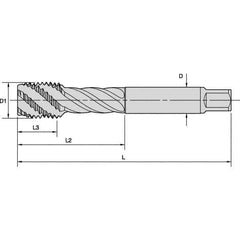 Kennametal - M8x1.25 Metric 3 Flute 6HX Modified Bottoming Spiral Flute Tap - Powdered Metal, TiN/CrC/C Finish, 90mm OAL, Right Hand Flute, Right Hand Thread, Series T630 - Exact Tool & Supply