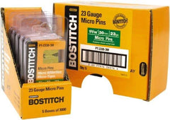 Stanley Bostitch - 23 Gauge 0.0281" Shank Diam 1-3/16" Long Pin Nails for Power Nailers - Steel, Bright Finish, Smooth Shank, Straight Stick Adhesive Collation, Round Head, Diamond Point - Exact Tool & Supply