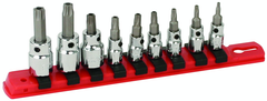 1/4" Drive: T10s; T15s; T20s; T27s; T30s and 3/8" T40s (1/4" Bit) and 3/8" T45s; T50s (5/16" Bit) on rail - Square Drive Replaceable Bit - Security Torx Bit Socket Set - Exact Tool & Supply